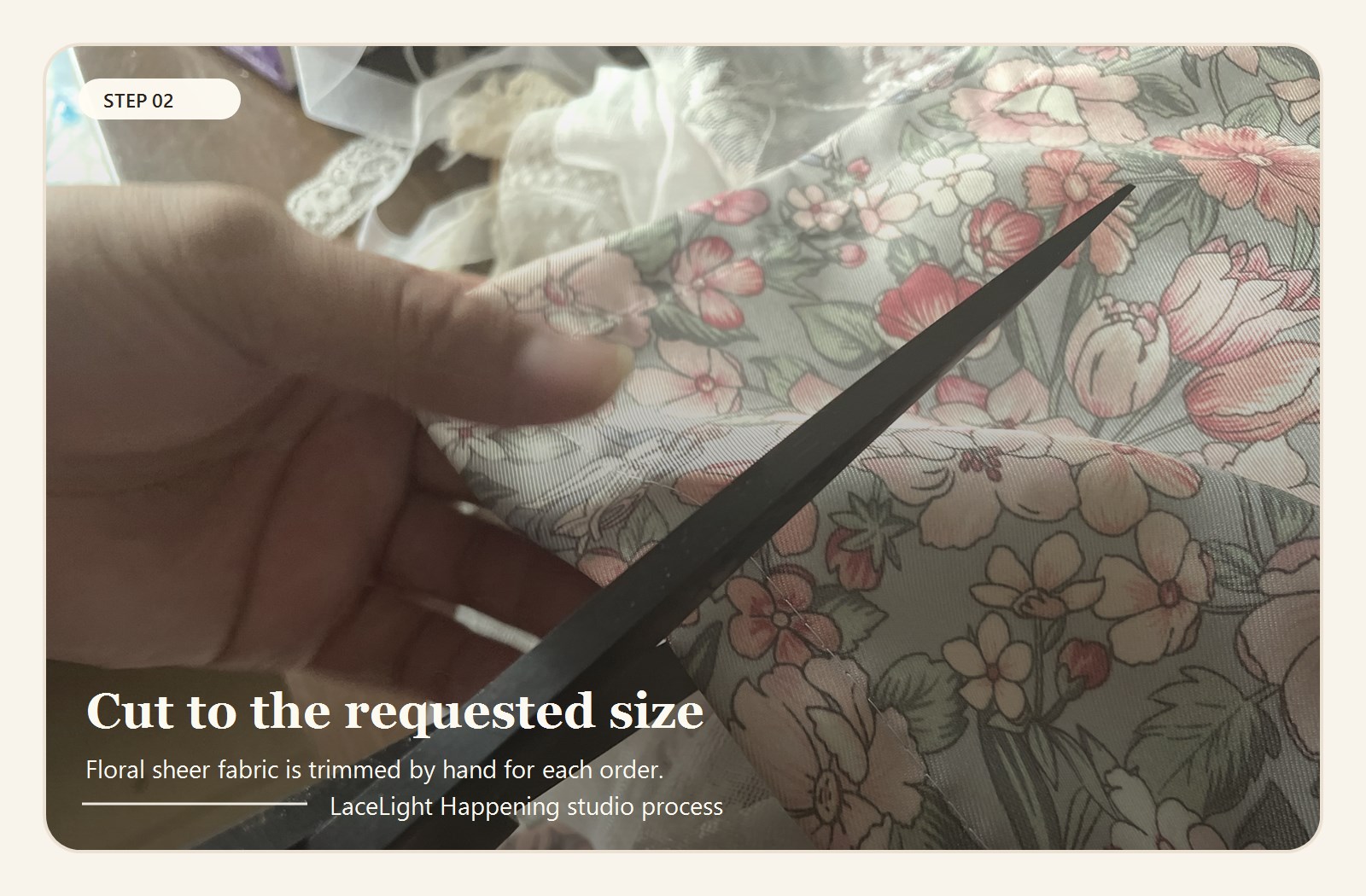 Floral sheer curtain fabric being cut for a made-to-order panel