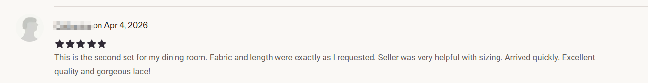 Customer review mentioning helpful sizing support and gorgeous lace quality