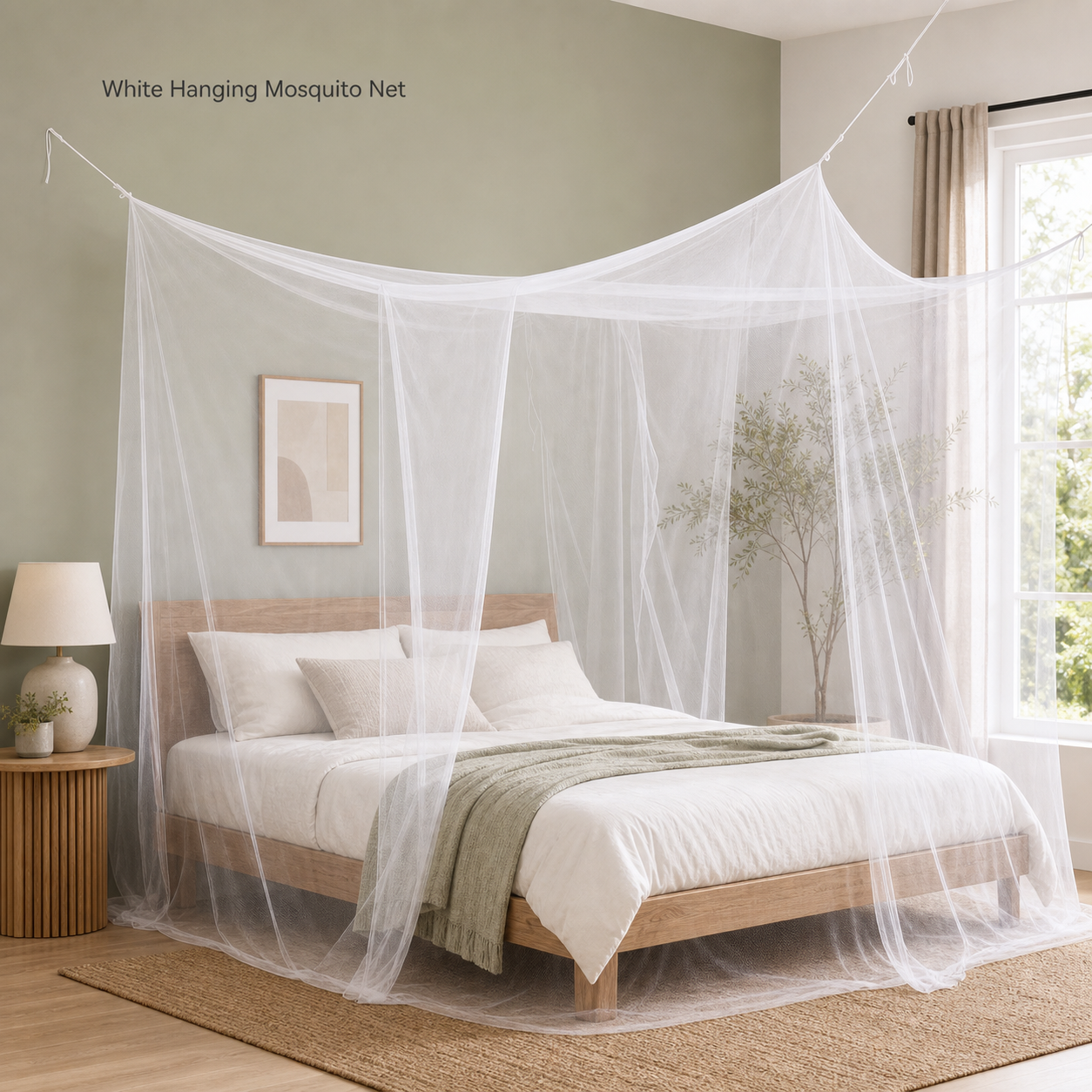 White hanging mosquito net for bedroom bed coverage