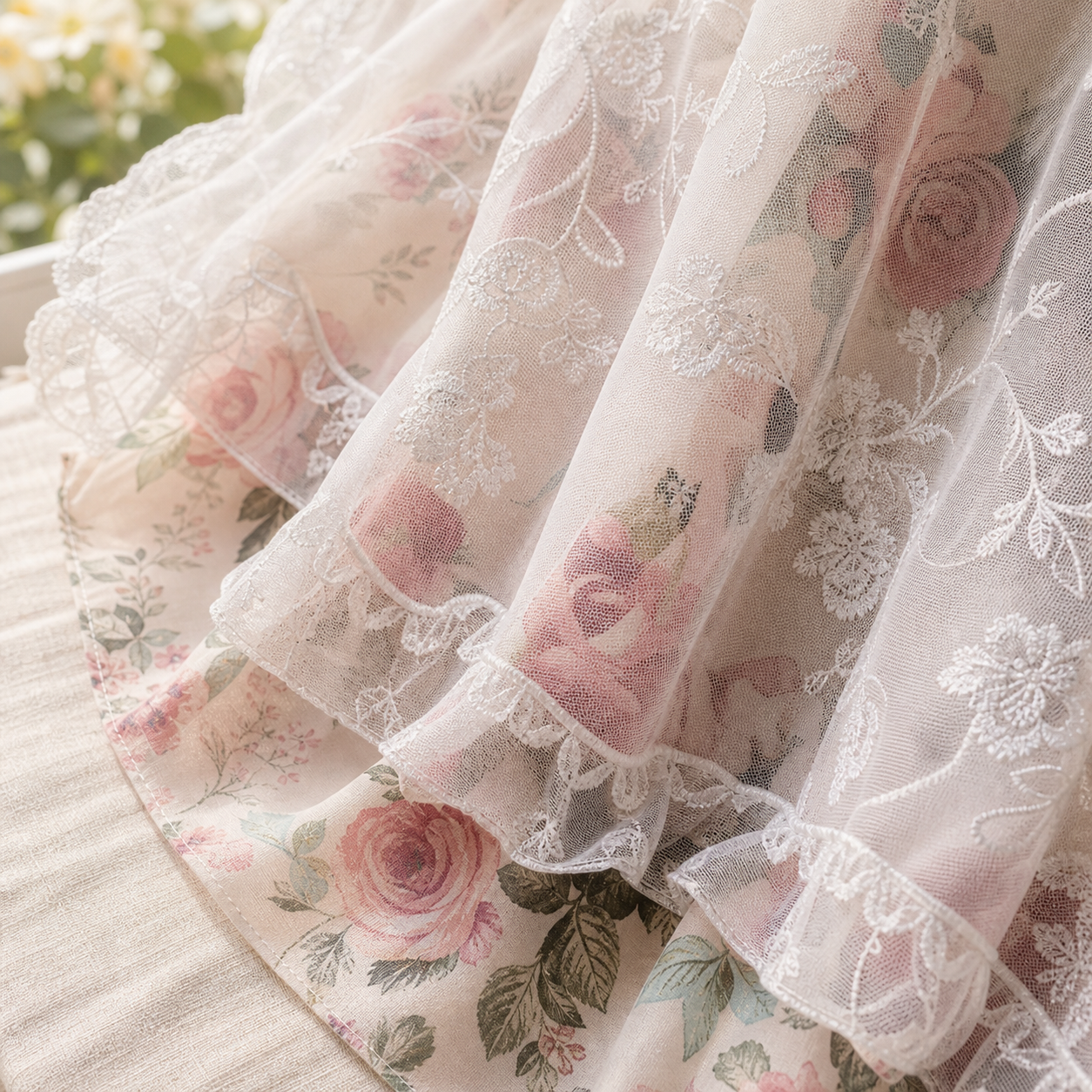 Layered floral lace curtain detail