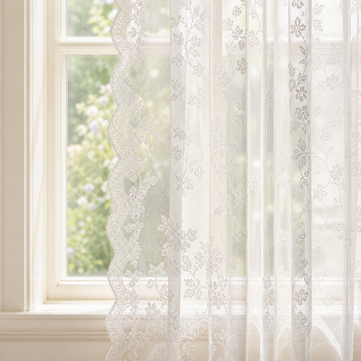 White sheer lace curtain filtering daylight