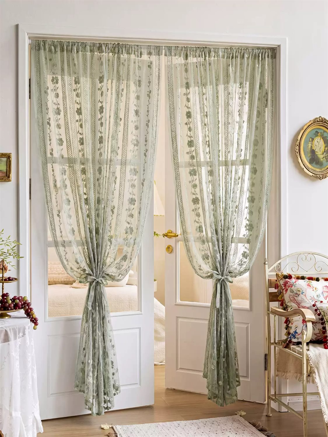 Green embroidered sheer door curtain with vertical floral vines