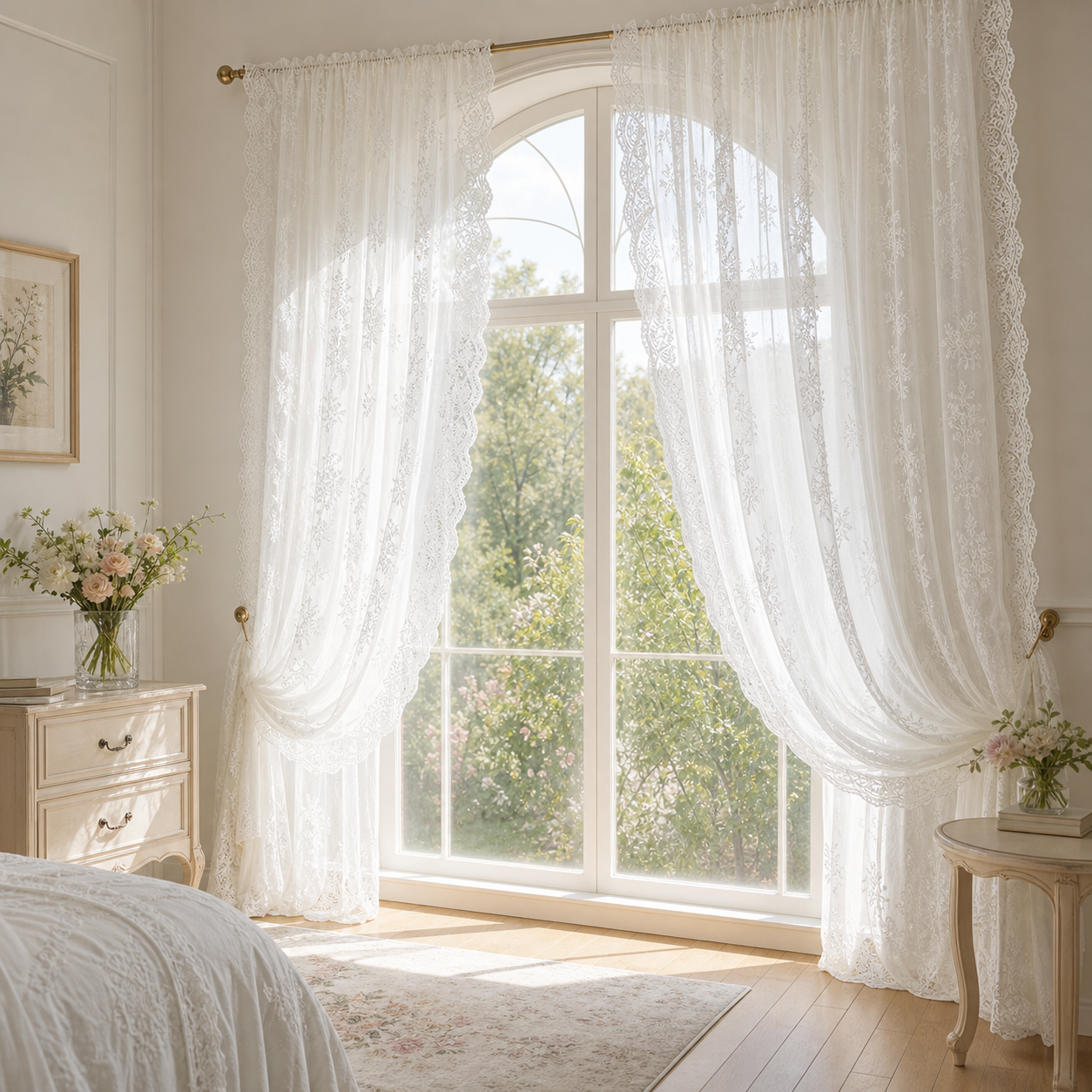 Elegant white lace curtains in a bright bedroom with warm natural light