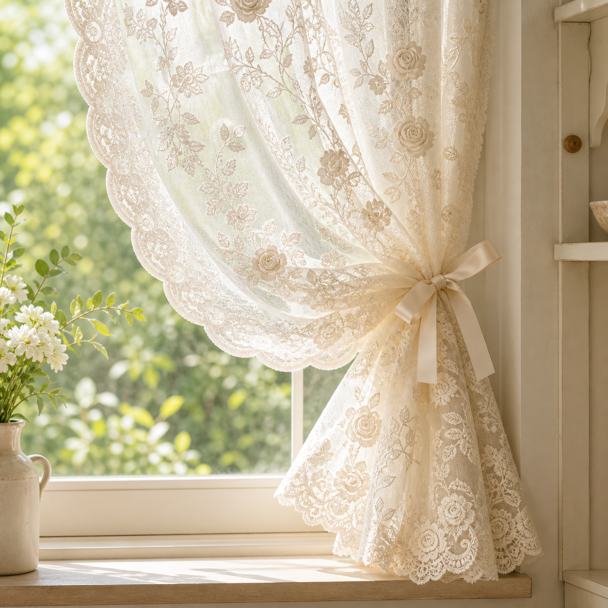 Ivory sheer lace curtain tied beside a window