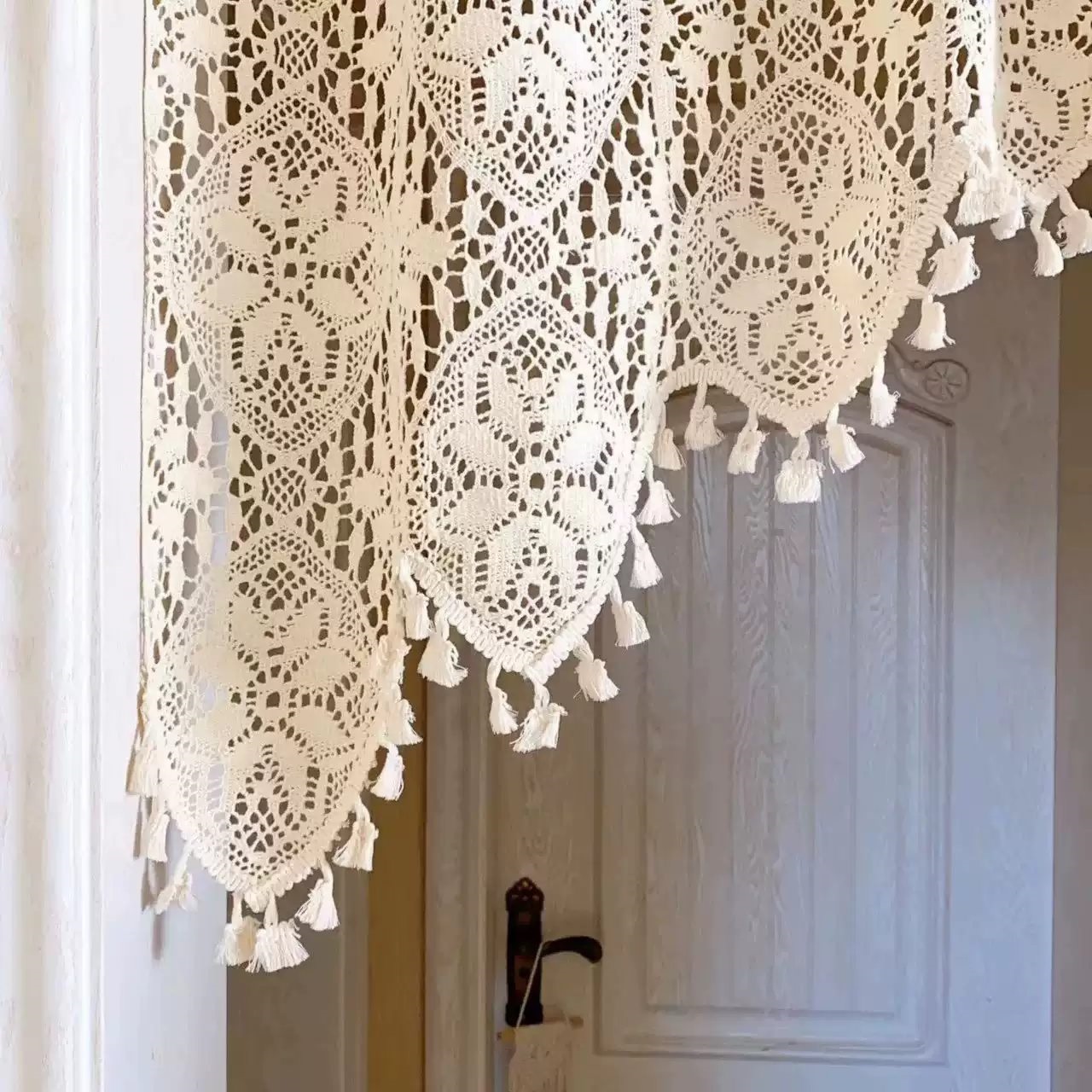 Cream Crochet Doorway Valance Curtain close-up of floral lace embroidery thumbnail