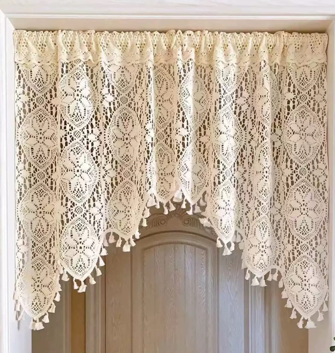 Cream Crochet Doorway Valance Curtain soft lace fabric close-up thumbnail