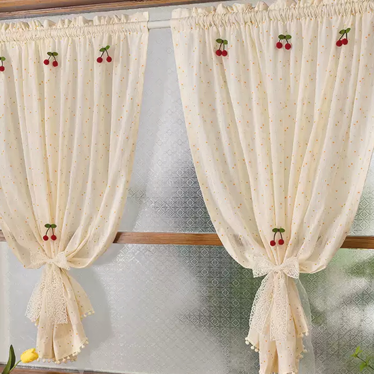 Daisy Cherry Pom-Pom Cafe Curtain in a softly styled room