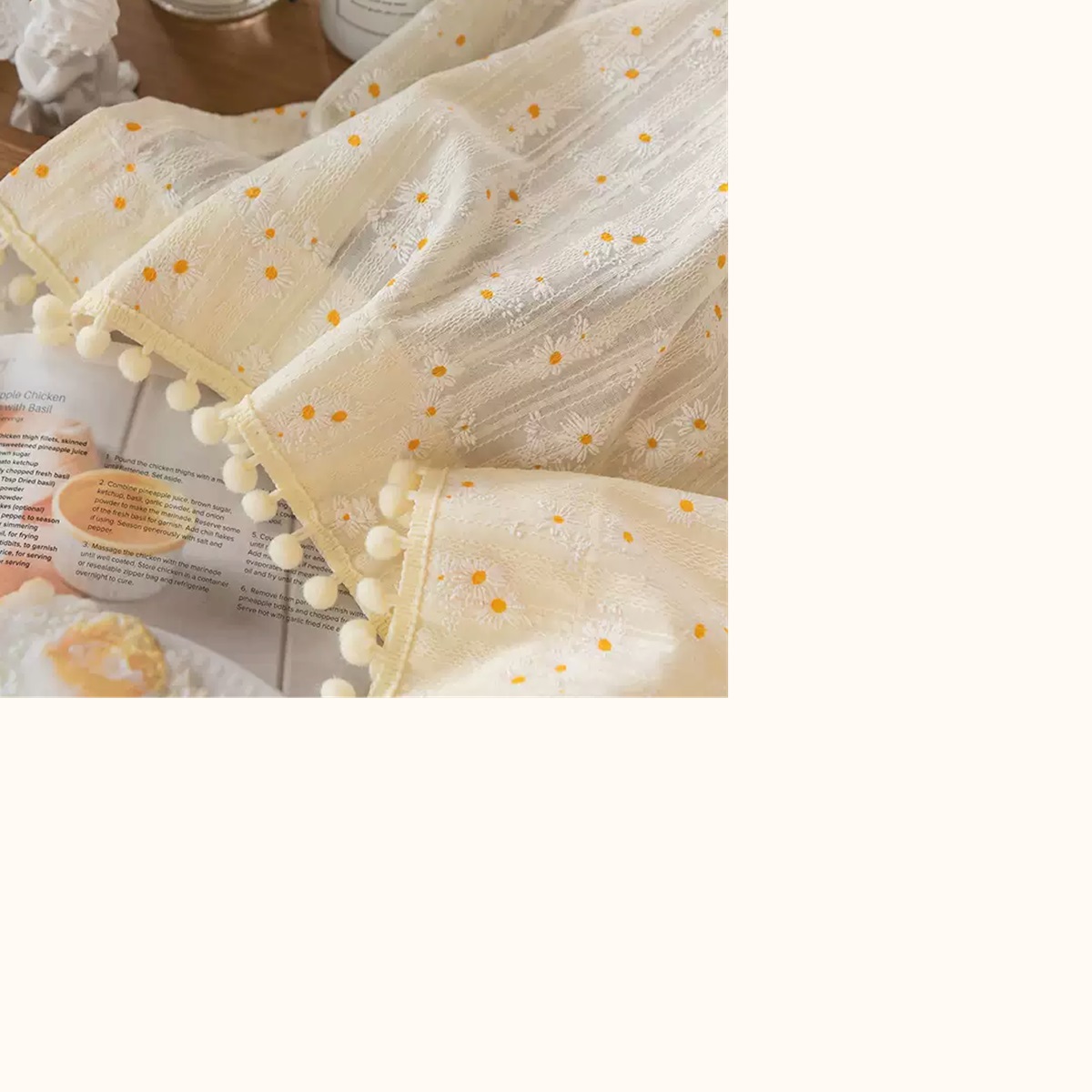 Daisy Cherry Pom-Pom Cafe Curtain folded curtain packaging detail thumbnail