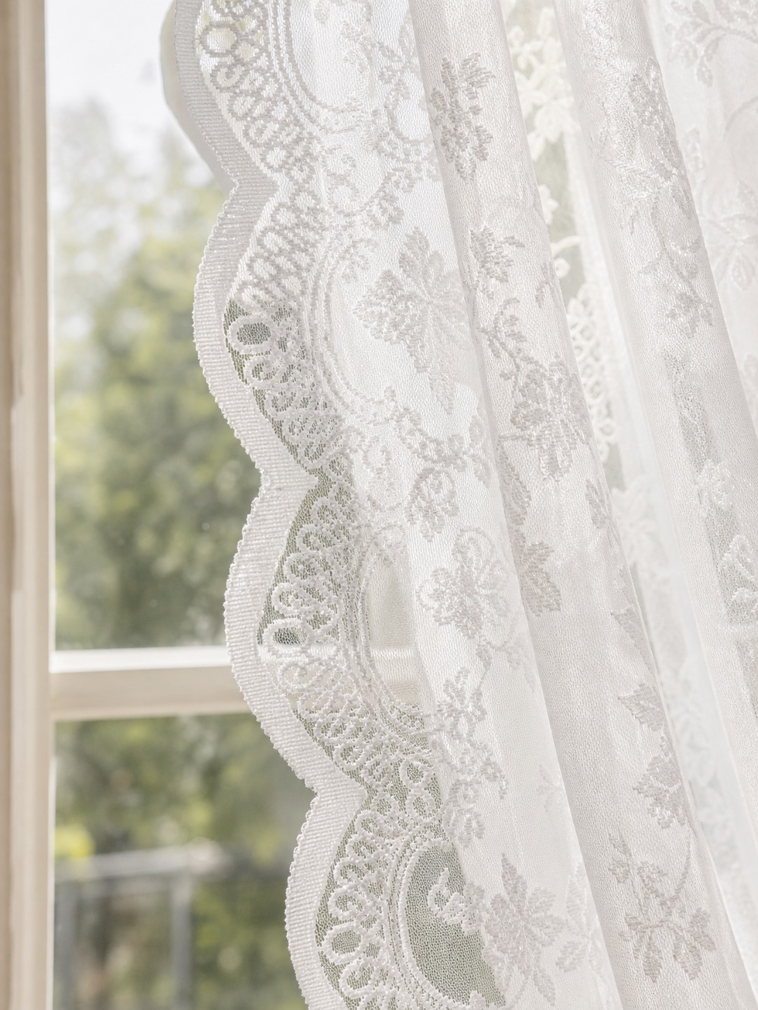 French White Lace Sheer Curtain close-up of floral lace embroidery thumbnail