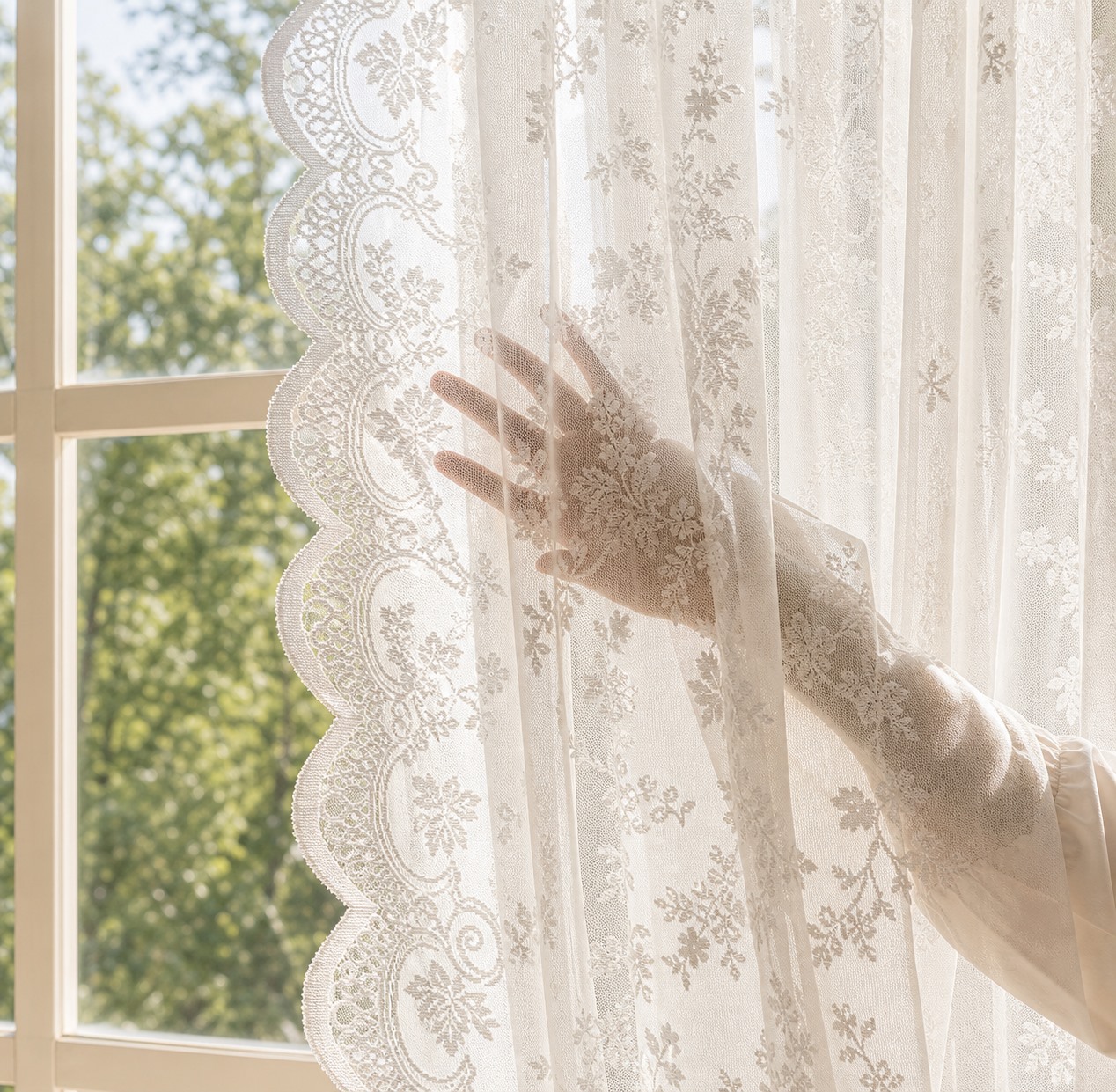 French White Lace Sheer Curtain light filtering sheer curtain transparency thumbnail