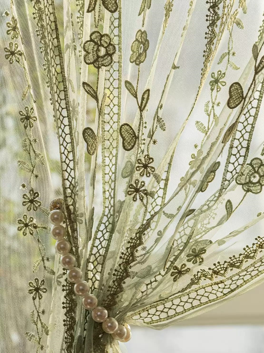Green Embroidered Sheer Door Curtain close-up of floral lace embroidery thumbnail