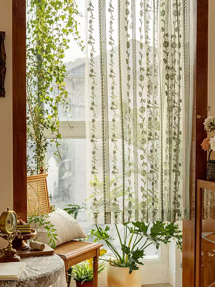 Green Embroidered Sheer Door Curtain soft lace fabric close-up thumbnail