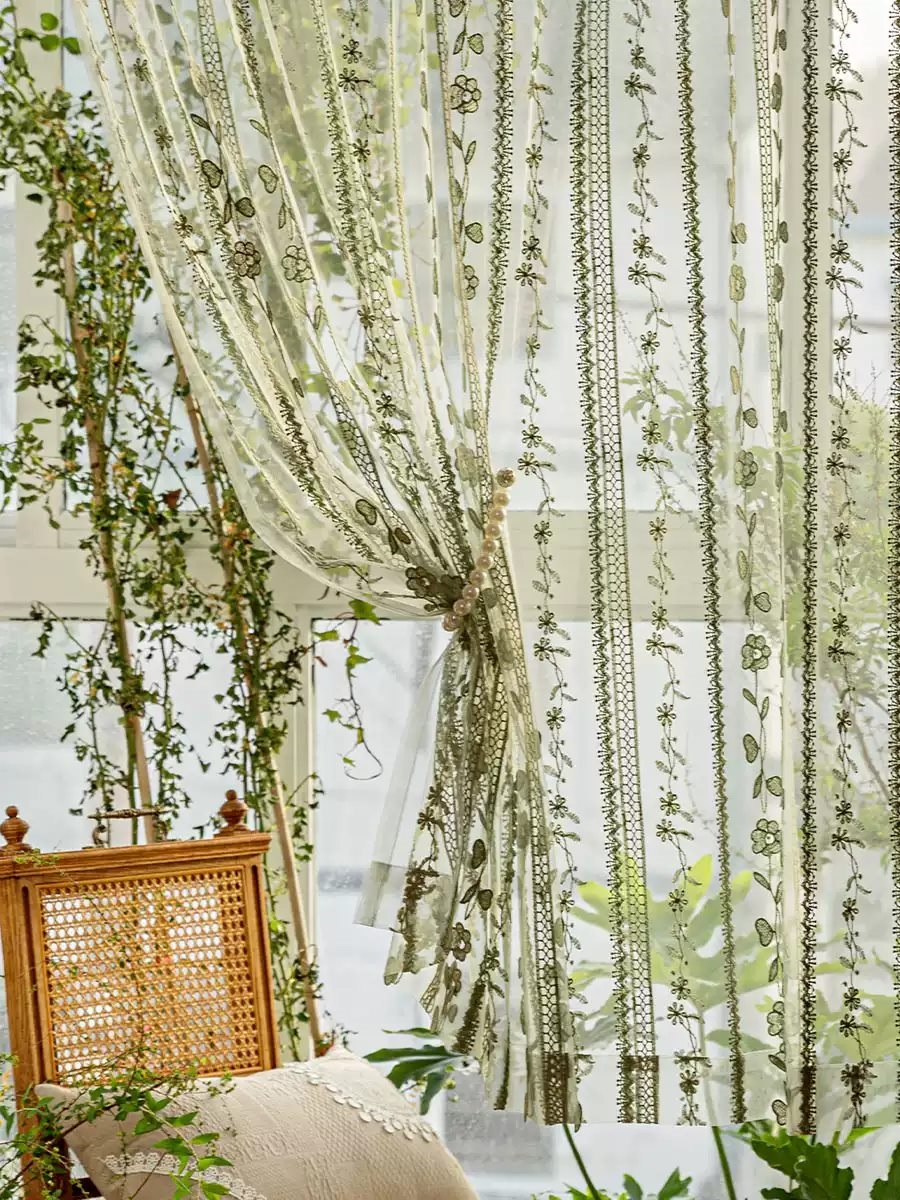 Green Embroidered Sheer Door Curtain alternate room scene thumbnail