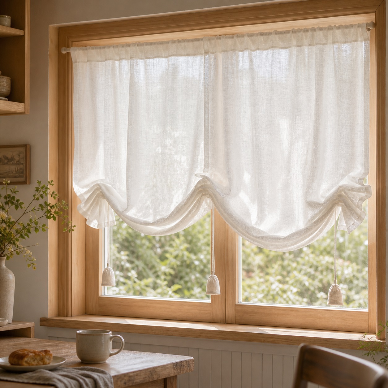 Linen Roman Shade Cafe Curtain in a softly styled room