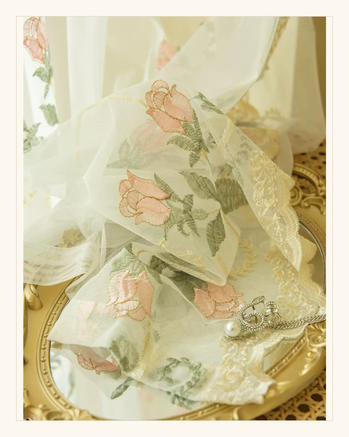 Pink Rose Embroidered Sheer Curtain close-up of floral lace embroidery thumbnail