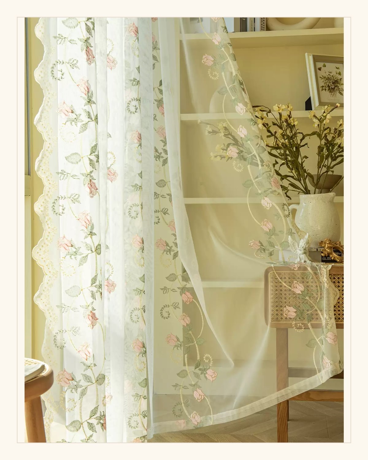 Pink Rose Embroidered Sheer Curtain soft lace fabric close-up thumbnail
