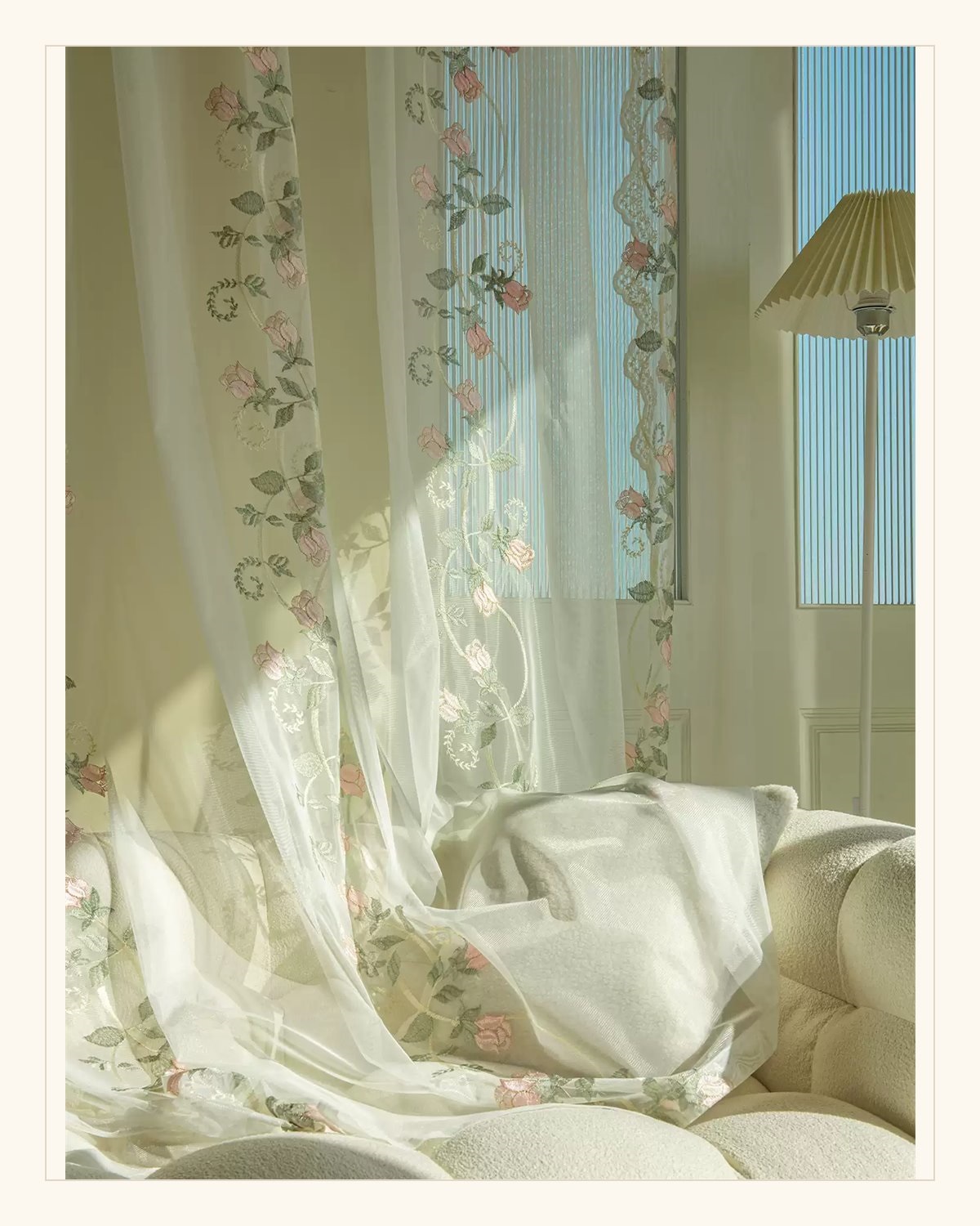 Pink Rose Embroidered Sheer Curtain curtain hanging style demonstration thumbnail