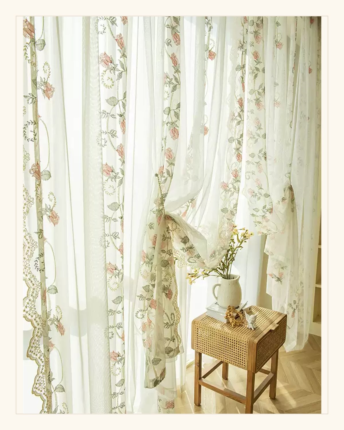 Pink Rose Embroidered Sheer Curtain in a softly styled room