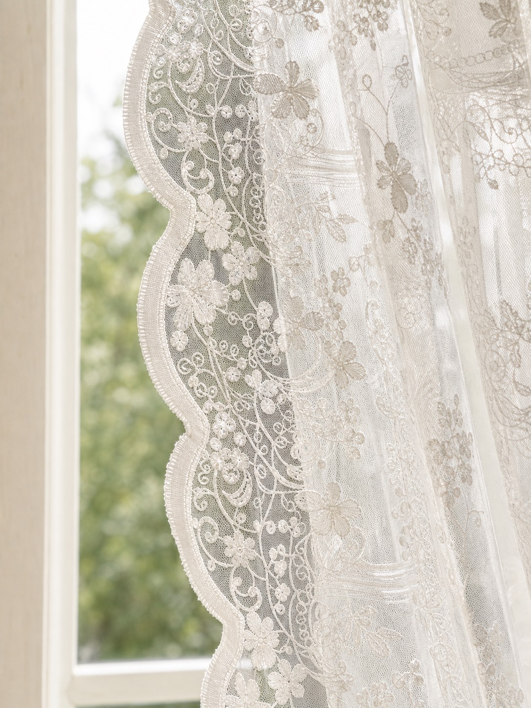 Royal Rose Lace Cafe Curtain close-up of floral lace embroidery thumbnail