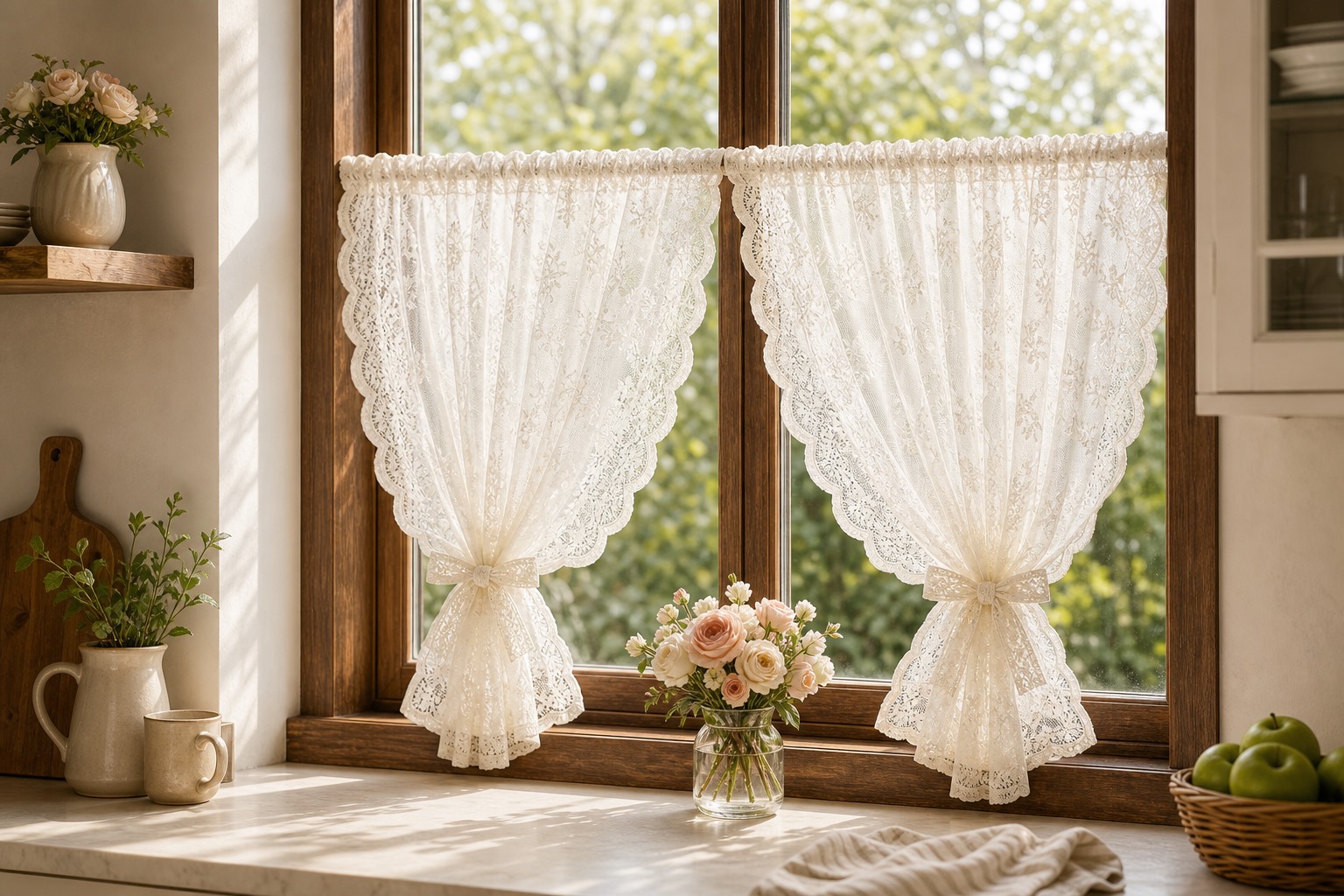 Royal Rose Lace Cafe Curtain in a softly styled room Royal Rose Lace Cafe Curtain in a softly styled room